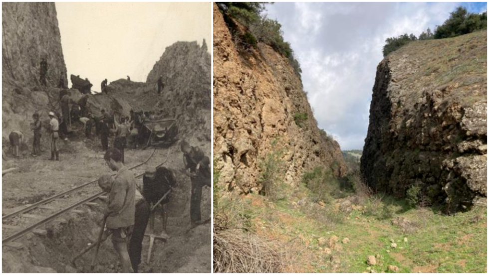 Από το εργοτάξιο στην Καρυά το 1943. Το βουνό κόβεται και ένα τεχνητό φαράγγι δημιουργείται. Δεξιά: Η τομή στο βουνό από κοντά το 2025